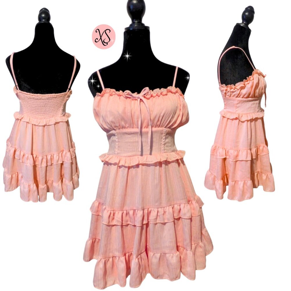 Peach Ruffle Babydoll Mini Dress Tiered Skirt XS Soft Girl Coquette Faircyore